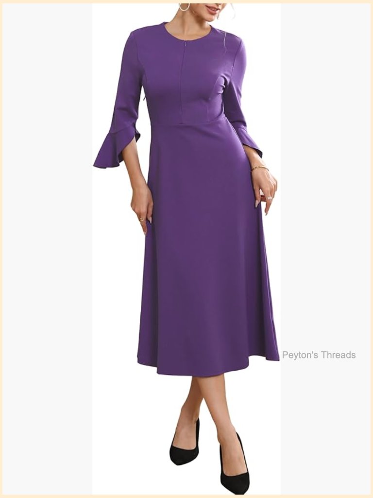 Formal Dress Zipper Front Bell Sleeves Midi A-Line Office Business Dress